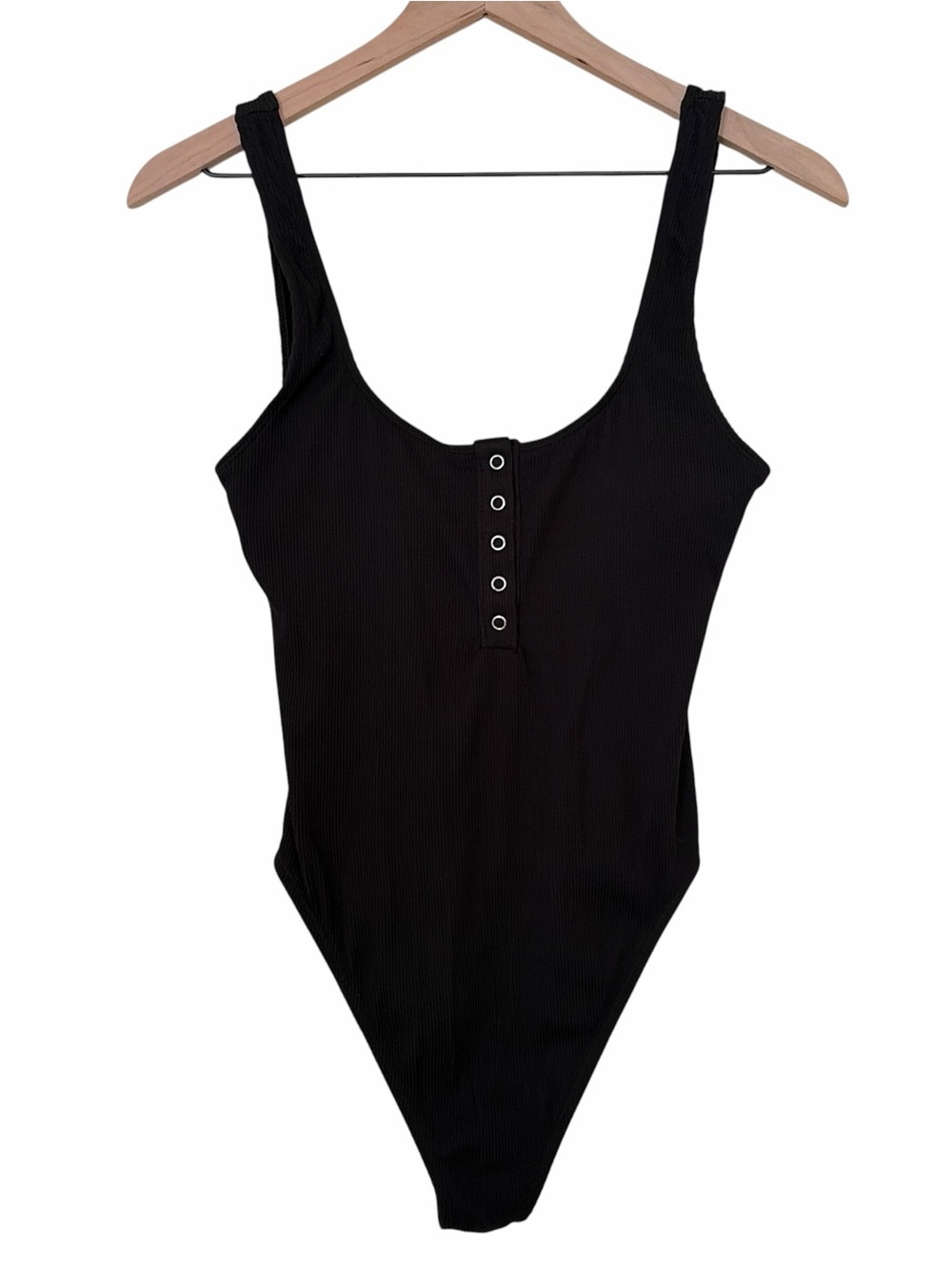 Aerie Black Ribbed Henley Scoop Back One Piece Swimsuit - Picture 2 of 6